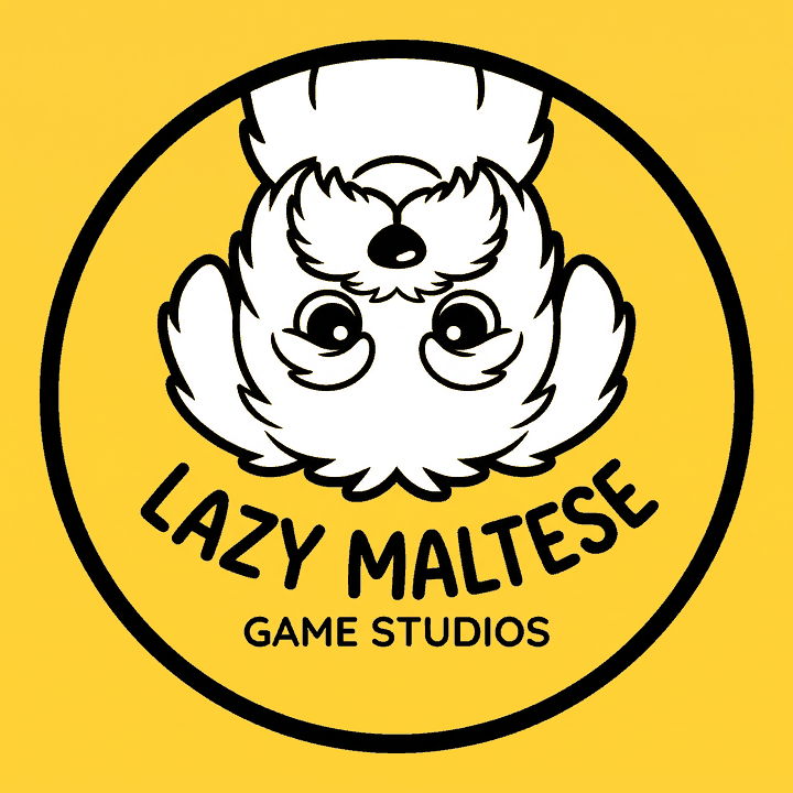 Lazy Maltese Game Studios logo: an upside-down Maltese puppy
